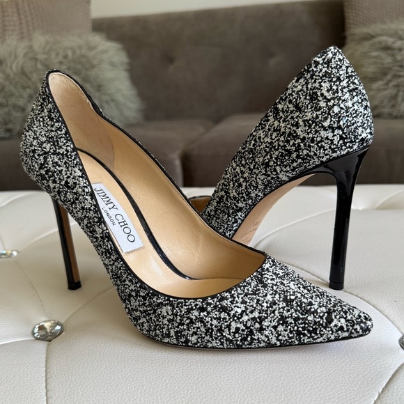 Jimmy Choo ROMY 100 Pointy Toe Pump Heel Shoes Black White Glitter 38.5 - Picture 3 of 17